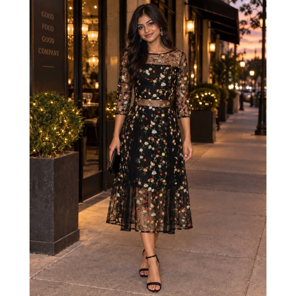 Lucy Paris Black Floral Embroidered Mesh Dress Sheer Overlay Romantic Size S